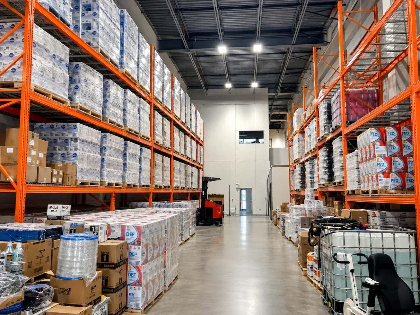 Warehouse aisle stocked with packaged fleet fluids